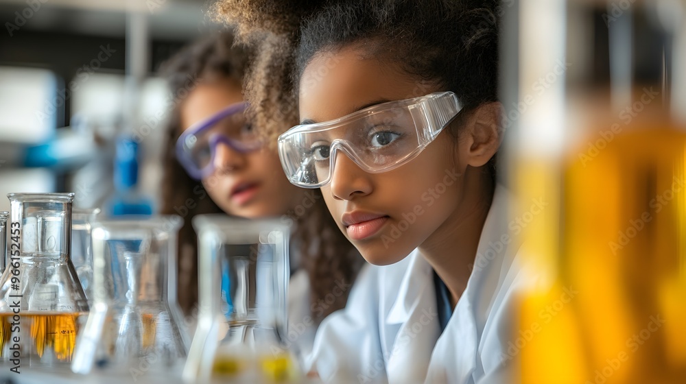 Young Female Scientist in Lab Coat with Safety Glasses Looking at Experiment Young Female Scientist in Lab Coat with Safety Glasses Looking at Experiment