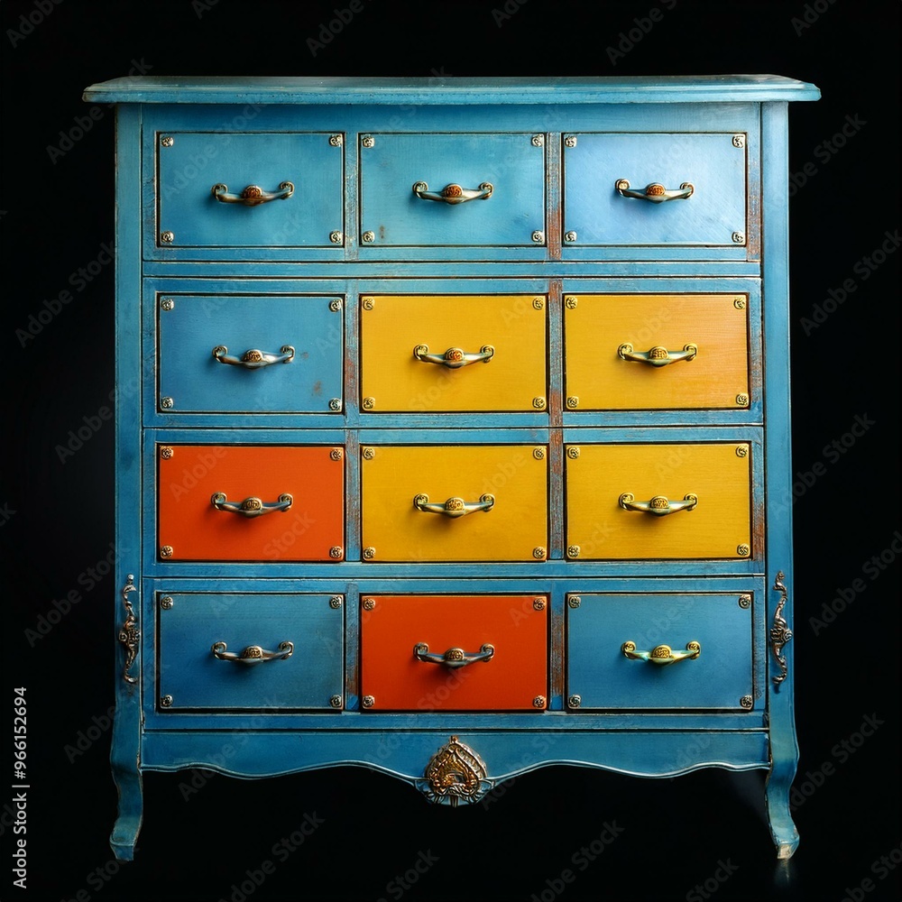 Fototapeta premium Vintage blue metal cabinet with six drawers. The top drawers are painted in shades of yellow and orange. The cabinet is isolated on a black background.