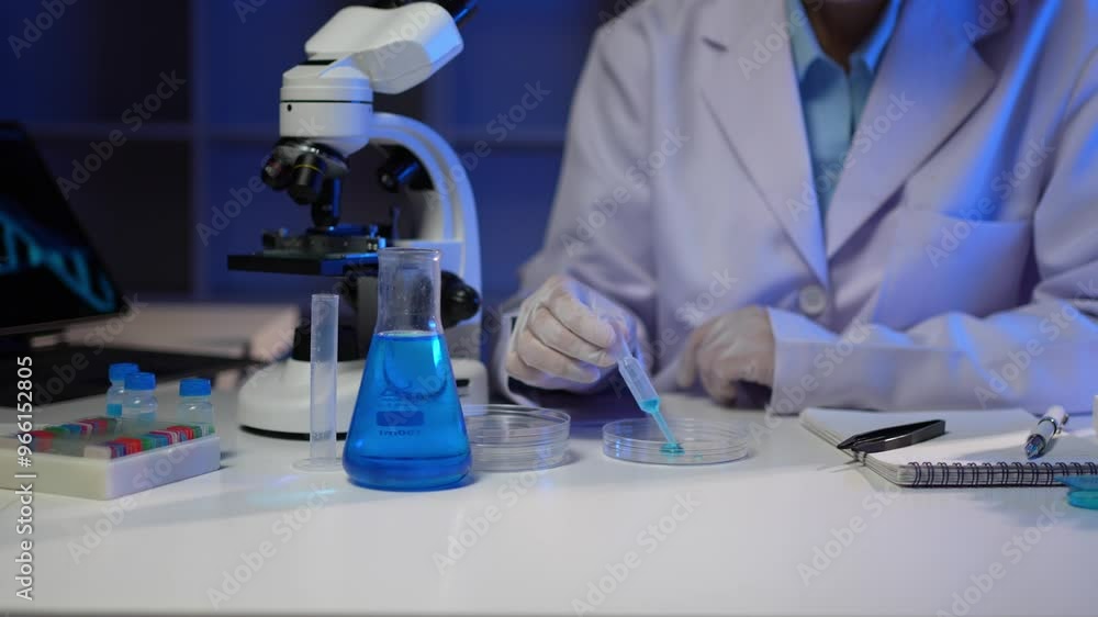 Scientist dropping blue liquid on petri dish Scientist dropping blue liquid on petri dish