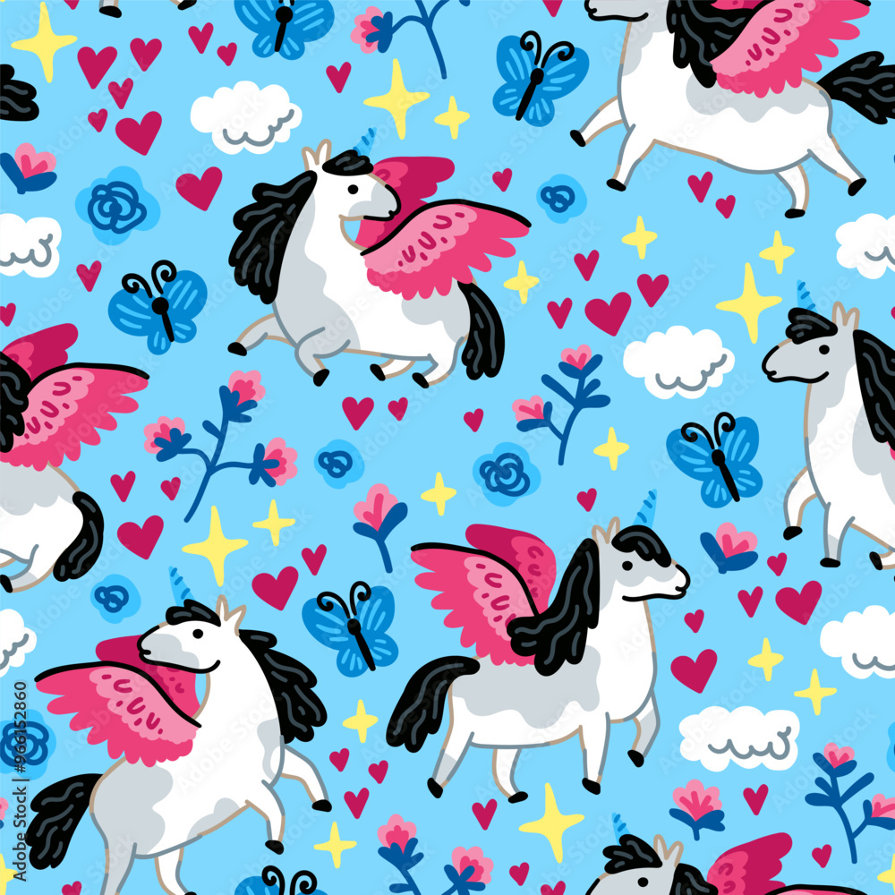 Bright children seamless vector pattern of fairy tale characters. Childish background of little unicorns cartoon with funny flowers and stars Bright children seamless vector pattern of fairy tale characters. Childish background of little unicorns cartoon with funny flowers and stars