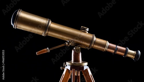 Vintage brass telescope on a wooden tripod, isolated on black background.