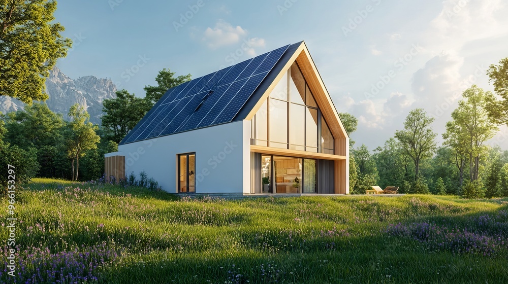 Modern House with Solar Panels on the Roof - AI generated illustration Modern House with Solar Panels on the Roof - AI generated illustration
