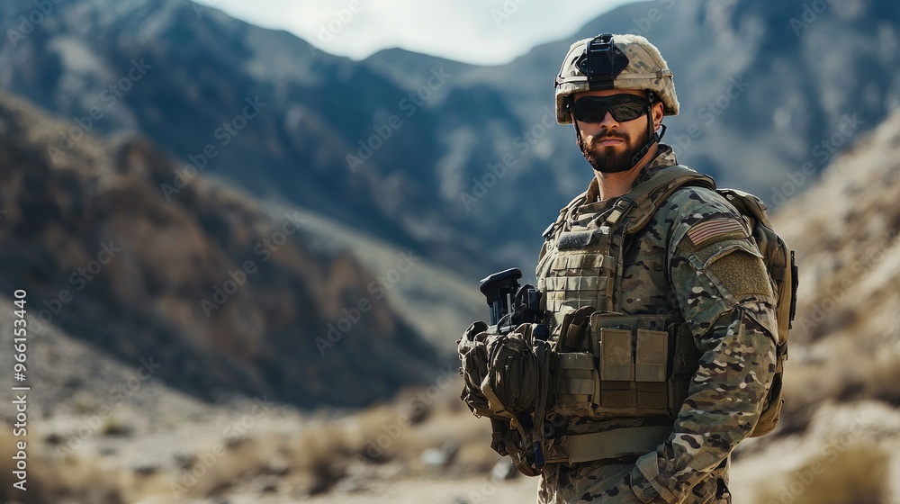 A soldier in tactical clothing stands ready, holding his gear in a rugged environment, symbolizing readiness and strength. A soldier in tactical clothing stands ready, holding his gear in a rugged environment, symbolizing readiness and strength.