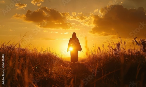 A lone figure stands in a field of wheat, his back to the viewer