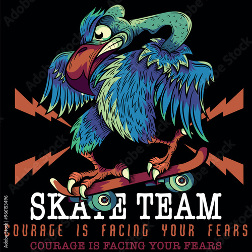 Illustration of a vulture in urban tattoo style with a skateboard and texts on colorful worn-out style backgrounds and trendy gradients, names of beaches and places in California.