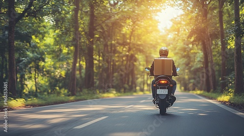 3D clay-style delivery motorbike with a large package on the back speeding down a road with tall clay trees lining the side Large space for text in center Stock Photo with copy space