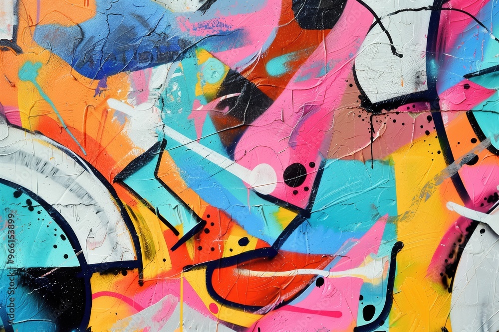 Fototapeta premium A vibrant abstract graffiti mural featuring bold colors and dynamic shapes. The artwork combines shades of pink, blue, orange, and yellow, creating a lively and energetic composition.