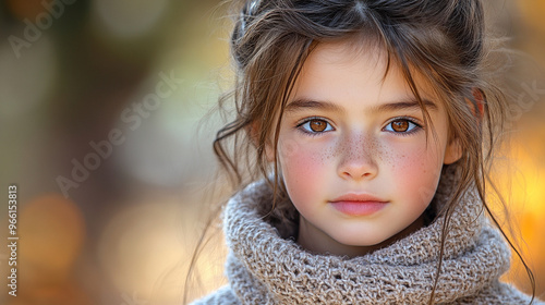 Young girl enjoying a peaceful walk in nature, wearing a cozy sweater, with autumn colors in the background photo