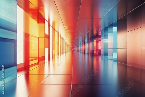 Colorful, glowing, tiled hallway with a perspective view and reflections on the floor.