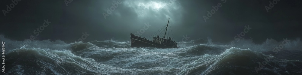 Stormy Night at Sea: Fishing Boat Battling Turbulent Waves in Misty Darkness. Cinematic Atmospheric Scene with Reflections and Wide-Angle View. Ideal for Marketing Campaigns and 4K Wallpapers. Stormy Night at Sea: Fishing Boat Battling Turbulent Waves in Misty Darkness. Cinematic Atmospheric Scene with Reflections and Wide-Angle View. Ideal for Marketing Campaigns and 4K Wallpapers.