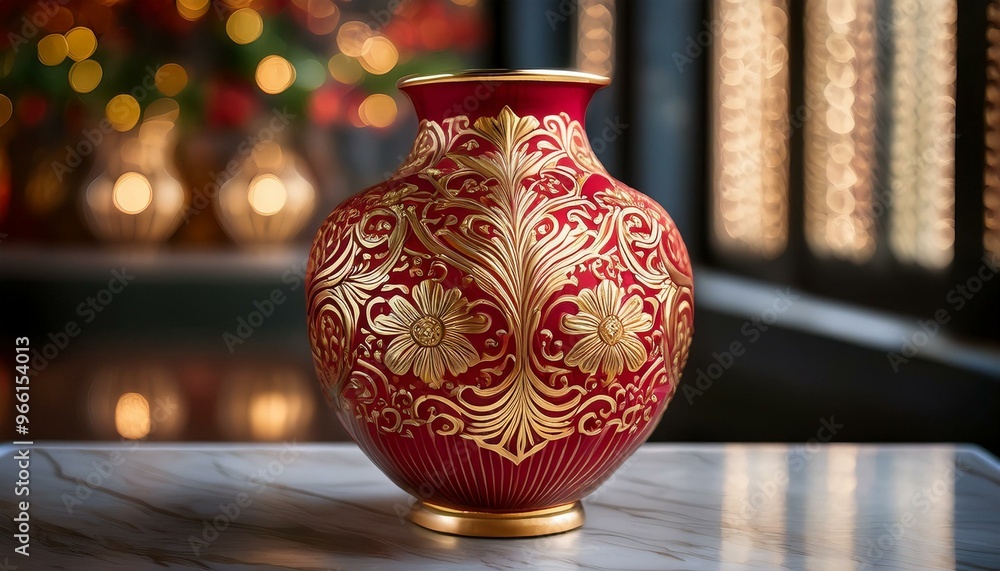 Ornate red and gold vase with intricate floral designs. Elegant and decorative, perfect for interior design. Ornate red and gold vase with intricate floral designs. Elegant and decorative, perfect for interior design.