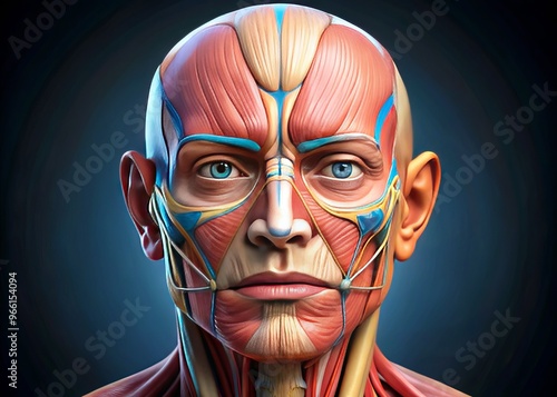 Detailed illustration of the human facial muscles, showcasing the intricate anatomy of the occipitofrontalis, photo