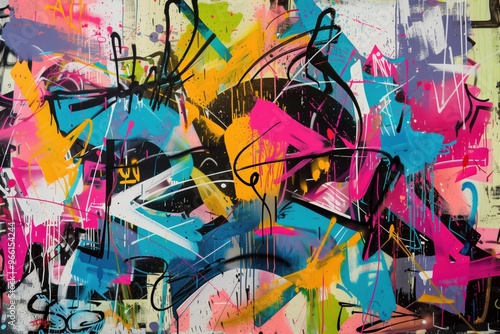 A vibrant abstract graffiti mural featuring bold colors like pink, blue, yellow, and black. The artwork showcases dynamic shapes and lines, creating an energetic and modern urban feel.