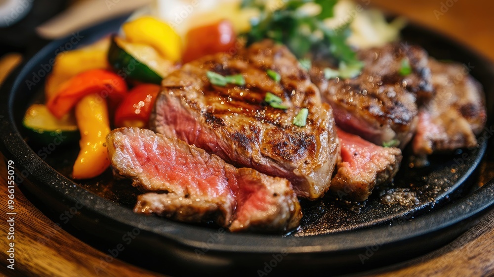 A close-up of a beautifully seared steak on a sizzling hot plate, with a rich, caramelized crust and a side of colorful roasted vegetables. A close-up of a beautifully seared steak on a sizzling hot plate, with a rich, caramelized crust and a side of colorful roasted vegetables.