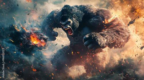 collage photo of aggressive beast giant gorilla king kong using magic in fight Generative ai collage photo of aggressive, Generative AI