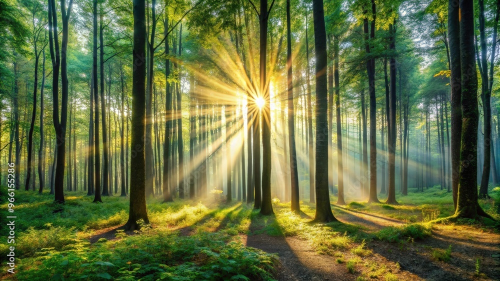 Naklejka premium Beautiful panoramic view of a forest with sun rays peeking through the trees
