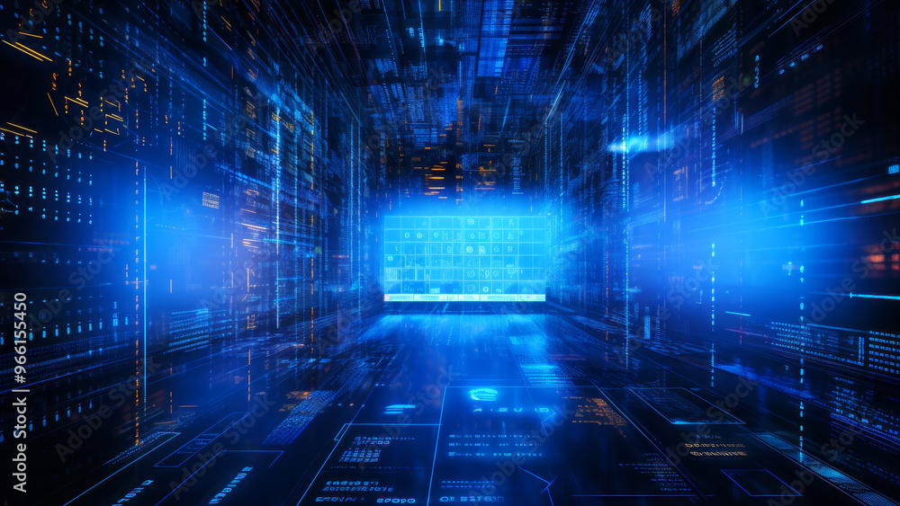 A futuristic digital environment with glowing blue data streams and holographic interfaces A futuristic digital environment with glowing blue data streams and holographic interfaces