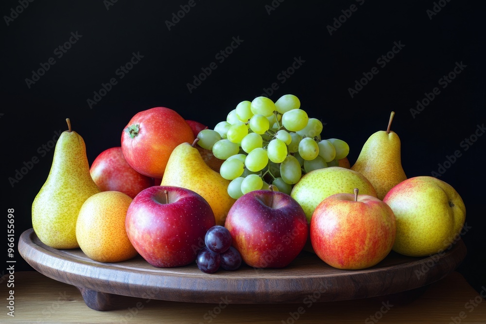 a beautifully arranged platter of seasonal fruits, including apples, pears, and grapes a beautifully arranged platter of seasonal fruits, including apples, pears, and grapes