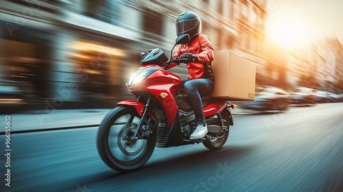 Cartoon-style motorbike courier with a large delivery box speeding across a simple clean background Large space for text in center Stock Photo with copy space photo