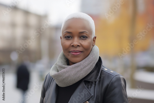 Portrait of stylish middle age African-American woman with black leather jacket and scarf, Autumn weather, copy space