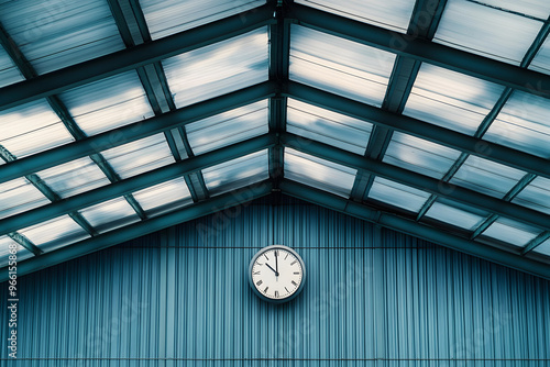 Clock on metal roof in building