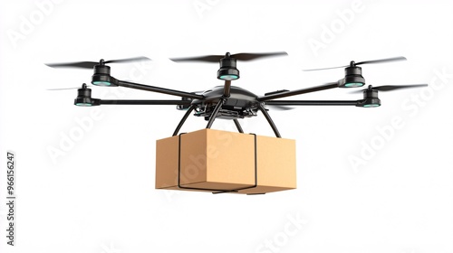 Cartoon-style delivery drone hovering mid-air carrying a large parcel ready to deliver isolated on a white background Large space for text in center Stock Photo with copy space