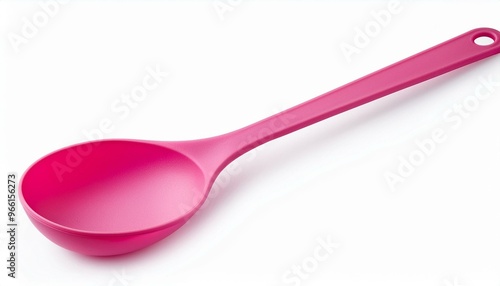 Pink plastic slotted spoon with a long handle isolated on a white background.