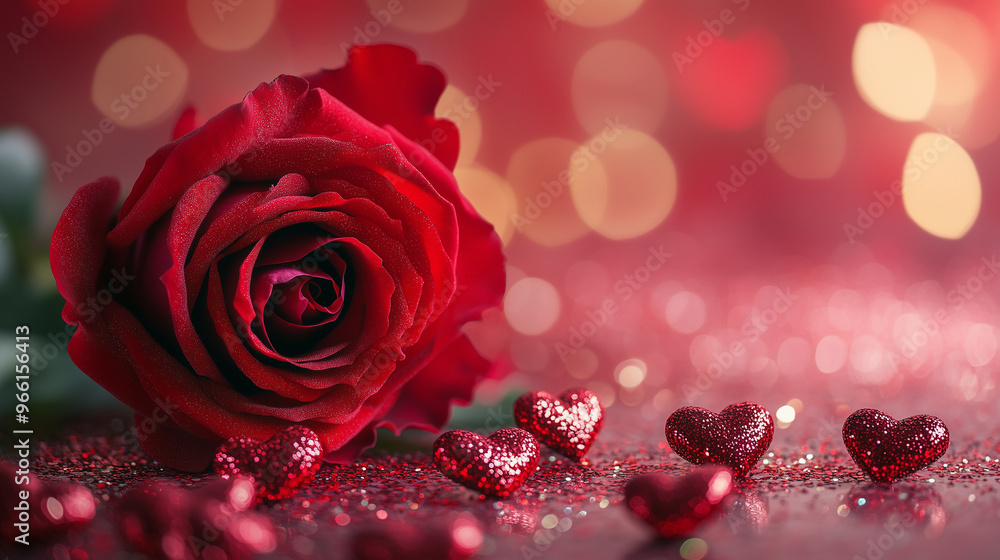 A red rose with several small, heart-shaped, glittery hearts lying around it on the table. The background is a combination of red and pink, creating a Valentine's Day mood. High-re A red rose with several small, heart-shaped, glittery hearts lying around it on the table. The background is a combination of red and pink, creating a Valentine's Day mood. High-re