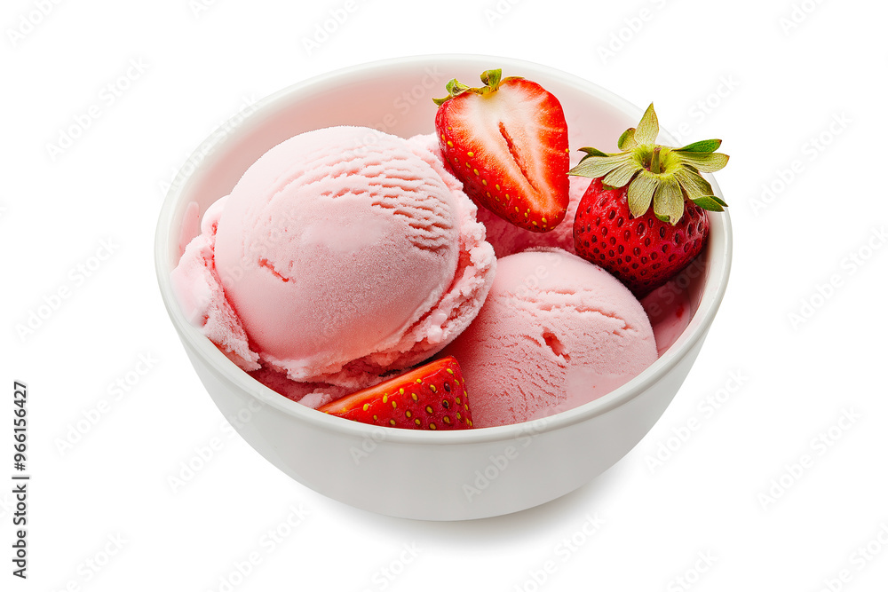 Bowl filled with creamy pink strawberry ice cream, topped with fresh whole and sliced strawberries isolated on transparent background. Bowl filled with creamy pink strawberry ice cream, topped with fresh whole and sliced strawberries isolated on transparent background.
