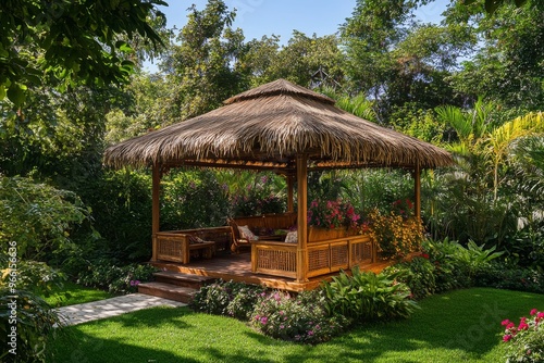 a beautifully decorated sukkah, featuring a thatched roof and a beautifully crafted wooden structure, set amidst a lush garden