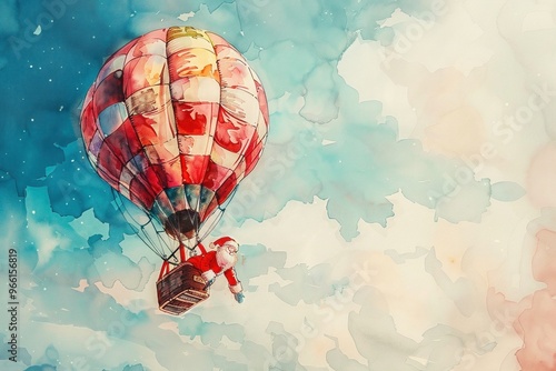 Santa Claus flying in a hot air balloon amid a whimsical sky.