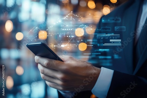 Close-up of a businessman's hand holding a smartphone with digital data and charts overlayed on the screen, with a blurred city background.