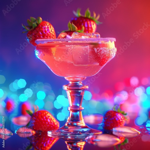 Strawberry Margarita Cocktail on Color Neon Background, Tropical Mocktail, Beach Party Coctail photo