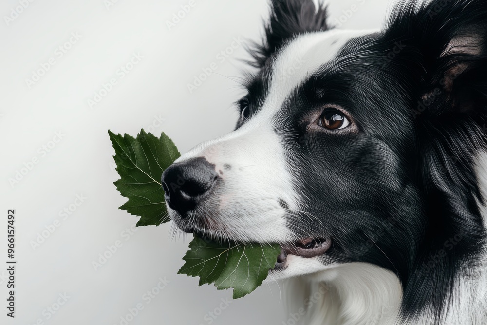 a border collie dog's head is tilted downwards, holding a leaf in his mouth, with a simple white background and a slight shadow a border collie dog's head is tilted downwards, holding a leaf in his mouth, with a simple white background and a slight shadow
