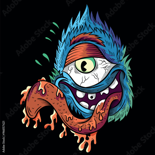 Illustration of a cyclops monster with its tongue sticking out and simulated slime. Urban design and tattoo with modern skateboard style texts. Colors and deformations in the texts.