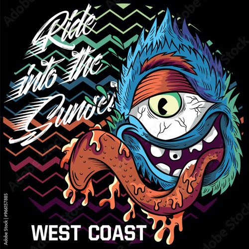 Illustration of a cyclops monster with its tongue sticking out and simulated slime. Urban design and tattoo with modern skateboard style texts. Colors and deformations in the texts.