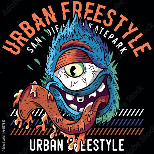 Illustration of a cyclops monster with its tongue sticking out and simulated slime. Urban design and tattoo with modern skateboard style texts. Colors and deformations in the texts.