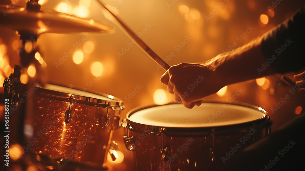 Obraz premium A close-up shot of hands playing the snare drum, focusing on their motion and technique. The lighting is soft with warm tones to highlight details like wrist movements 