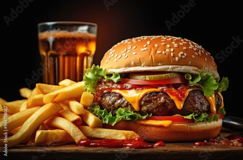 A mouthwatering close-up of an oversized, juicy burger with fries and a cola on the side