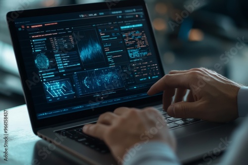 Close-up of a person's hand typing on a laptop with a screen displaying data, graphs, and code.