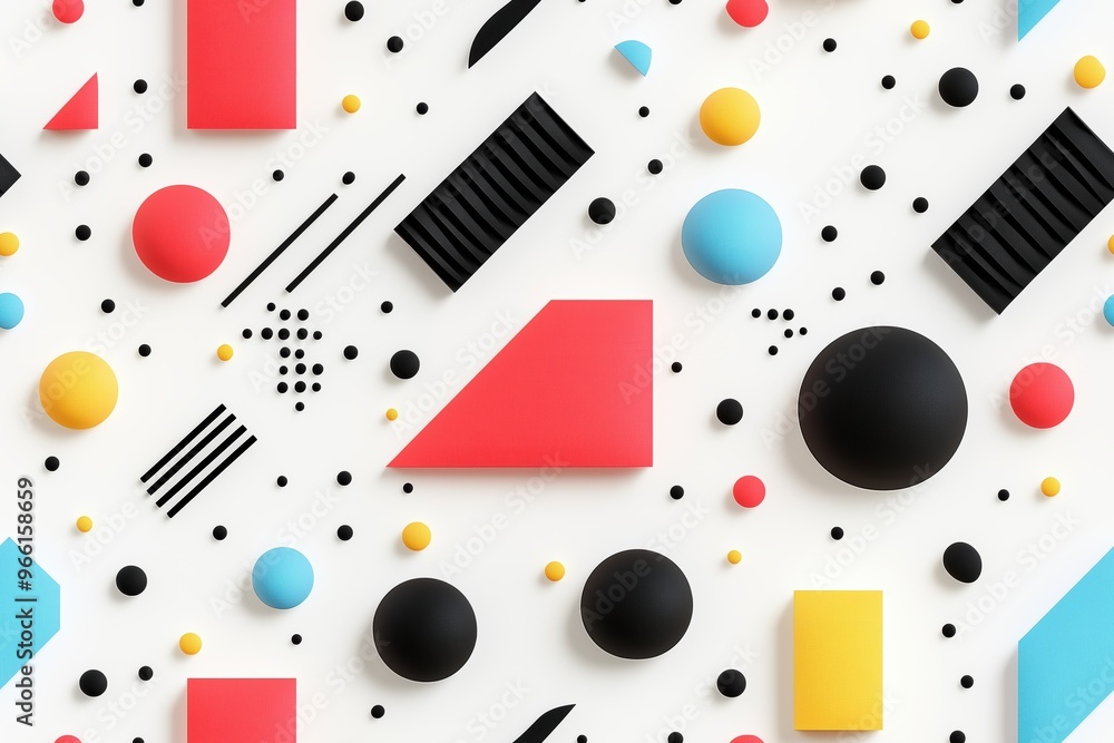 A vibrant and colorful abstract memphis composition featuring various geometric shapes including circles, squares, and rectangles in red, blue, yellow, and black against a white background. A vibrant and colorful abstract memphis composition featuring various geometric shapes including circles, squares, and rectangles in red, blue, yellow, and black against a white background.