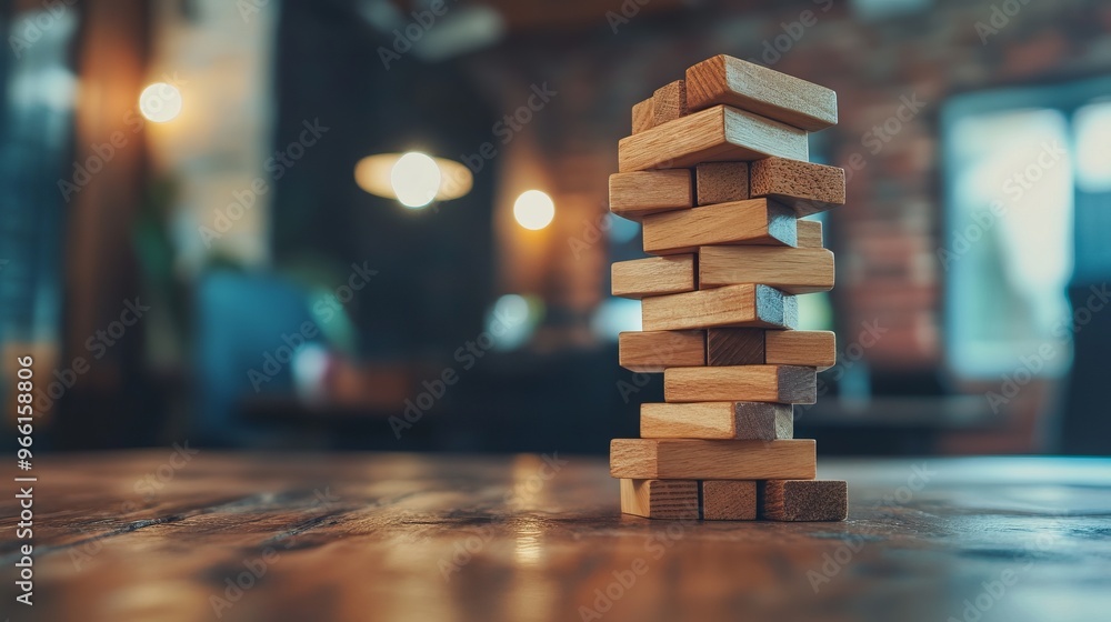 Wooden Jenga Blocks on Office Table with Copy Space Banner Mockup Background. AI generated illustration Wooden Jenga Blocks on Office Table with Copy Space Banner Mockup Background. AI generated illustration