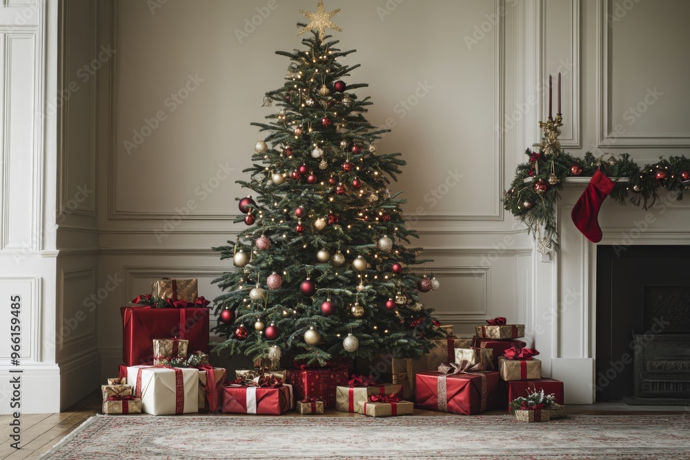 a classic christmas setting featuring a stunning fir-tree, decorated with ornaments and lights, accompanied by gifts and traditional decorations, with ample white space for a personal message a classic christmas setting featuring a stunning fir-tree, decorated with ornaments and lights, accompanied by gifts and traditional decorations, with ample white space for a personal message