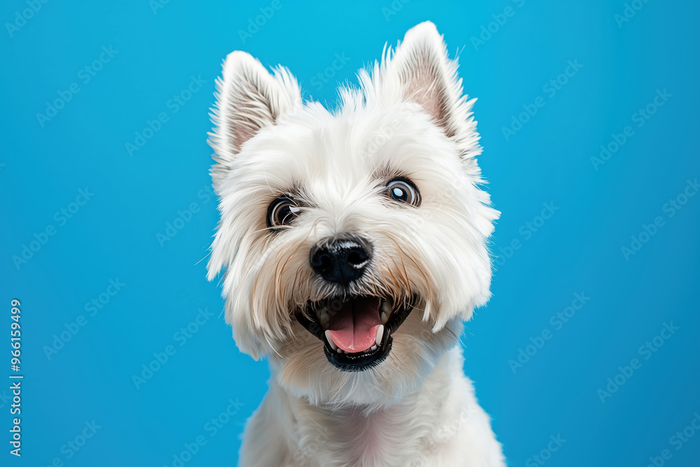A portrait of a West Highland White Terrier dog with a surprised and happy expression on face looking at camera over blue background. A portrait of a West Highland White Terrier dog with a surprised and happy expression on face looking at camera over blue background.
