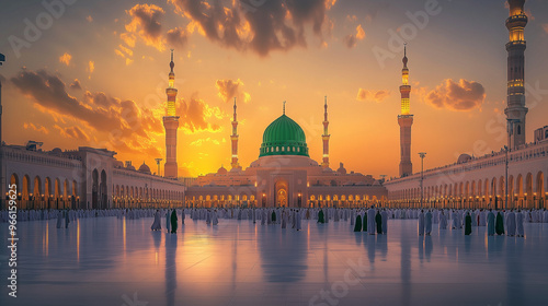 Nabawi Mosque at dusk, the light of the setting sun emits a golden orange color in the sky, the green dome of the Nabawi Mosque shines majestically, Ai generated images photo