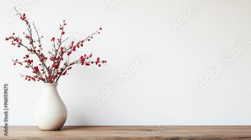 A vase filled with hawthorn branches and red berries sits on a wooden table next to a white wall. There's room for writing something on the wall. This is a simple, indoor scene.