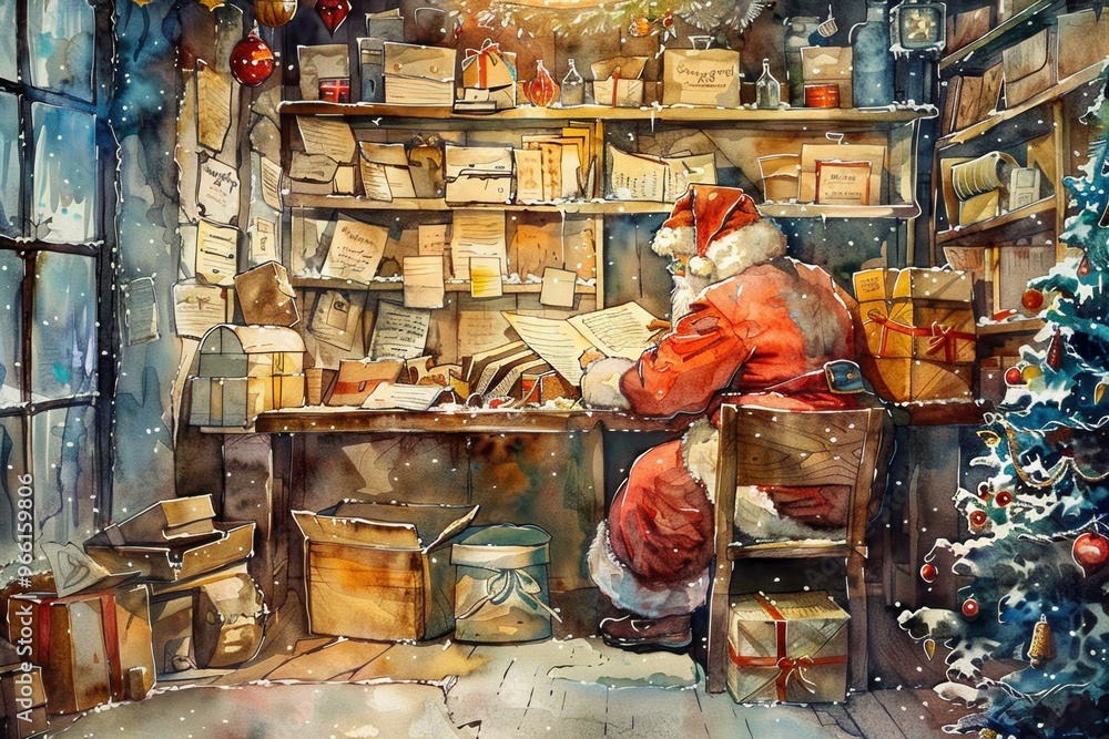 Santa Claus reading letters at a cozy wooden desk in a festive, snow-covered workshop, surrounded by presents and holiday decorations. Santa Claus reading letters at a cozy wooden desk in a festive, snow-covered workshop, surrounded by presents and holiday decorations.
