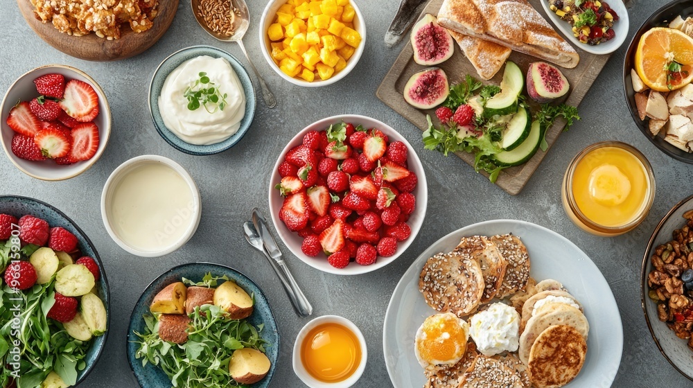Morning Delights: Top-Down View of a Scrumptious Breakfast Spread Morning Delights: Top-Down View of a Scrumptious Breakfast Spread