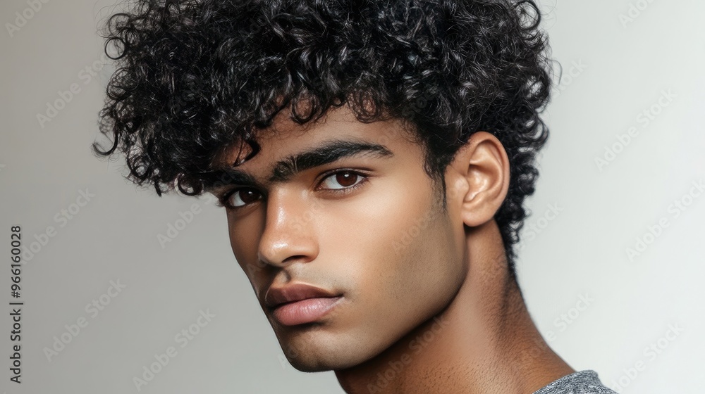 A close-up of a man with a trendy, curly hairstyle, showcasing well-defined curls and volume, set against a simple background to highlight the natural texture and style