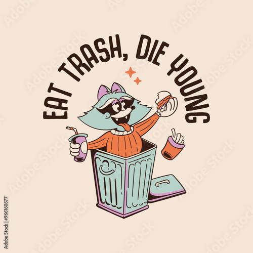 retro raccoon cartoon illustration eating junk food in a trash can